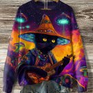 Women's Hippie UFO Cat Playing Guitar Future Sci-Fi Art Print Knit Sweatshirt