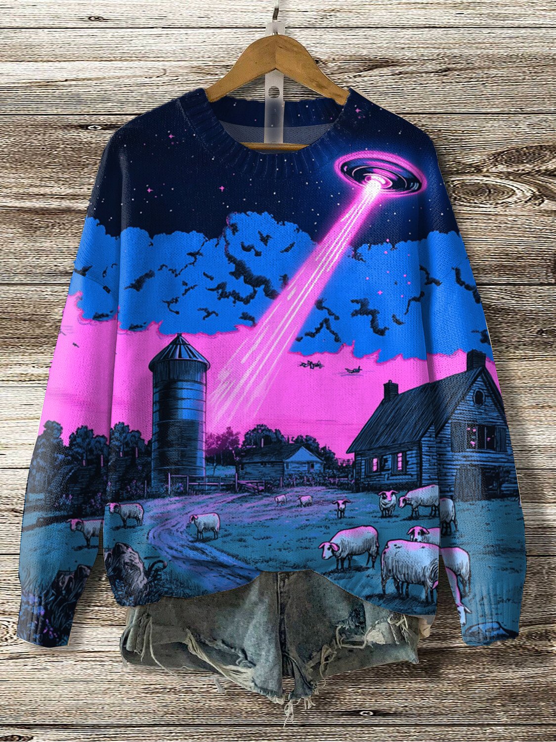 Women's Midnight Sheep UFO Future Sci-Fi Art Print Knit Sweatshirt