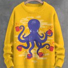 Men's Coffee Octopus Art Print Knit Sweatshirt