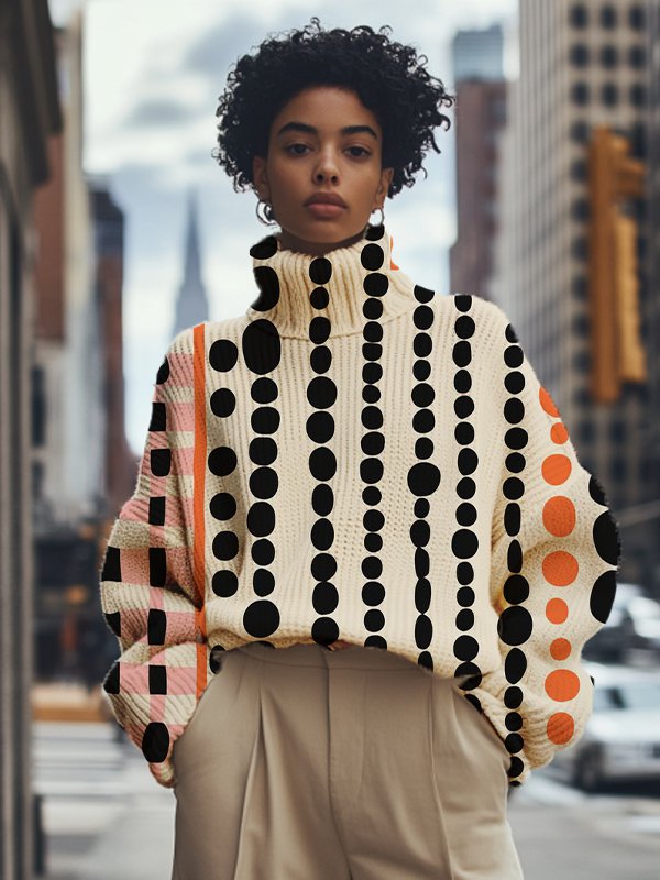 Women's Abstract Geometry Polka Dot Art Print High Neck Knit Sweatshirt