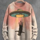 Men's Futuristic Sci-Fi Art Cat UFO Print Knit Sweatshirt