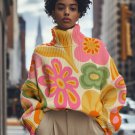 Women's Colorful Flowers Art Print High Neck Knit Sweatshirt