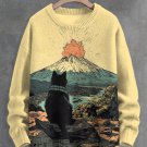 Men's Black Cat Sees Volcano Eruption Art Print Knit Sweatshirt