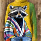 Women's Colorful Art Raccoon Print High Neck Knit Sweatshirt