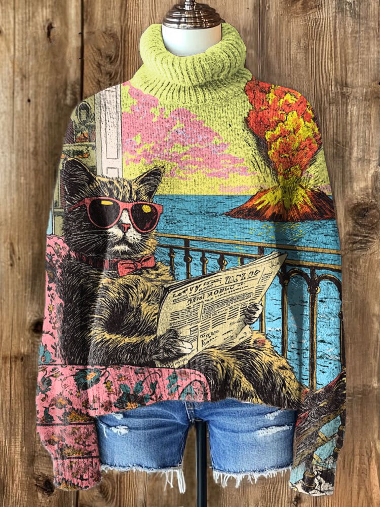 Women's  Cat Reading Newspaper In A Stable Mental State Print High Neck Knit Sweatshirt