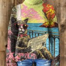 Women's  Cat Reading Newspaper In A Stable Mental State Print High Neck Knit Sweatshirt