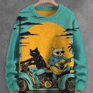 Men's Cat Playing Guitar Motorbike Art Print Knit Sweatshirt