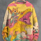 Men's Cat And Dinosaur Fantasy Art Print Knit Sweatshirt