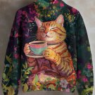 Women's Cat Drinking Coffee Print High Neck Knit Sweatshirt