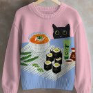 Women's Black Cat And Sushi Art Print Knit Sweatshirt