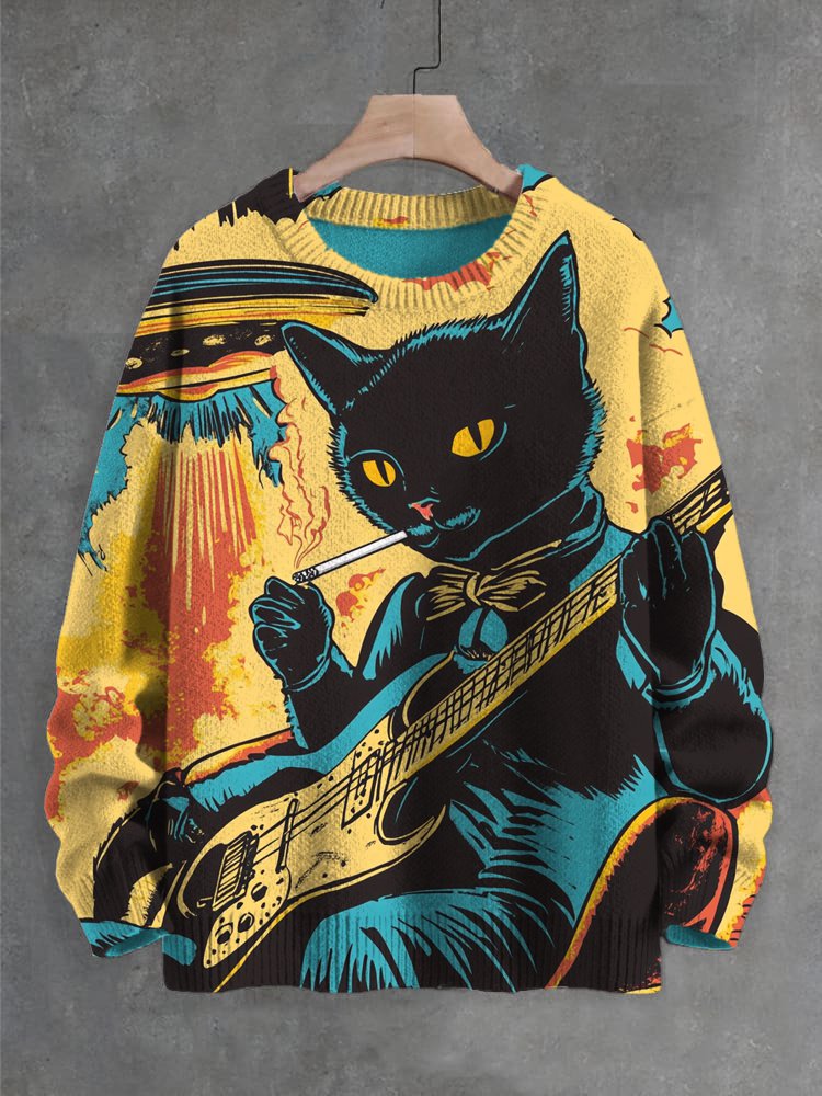 Men's Black Cat Guitar Player UFO Sci-Fi Art Print Knit Sweatshirt