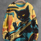 Men's Black Cat Guitar Player UFO Sci-Fi Art Print Knit Sweatshirt
