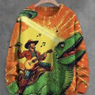 Men's Western Cowboy Playing Guitar Dinosaur UFO Art Print Knit Sweatshirt