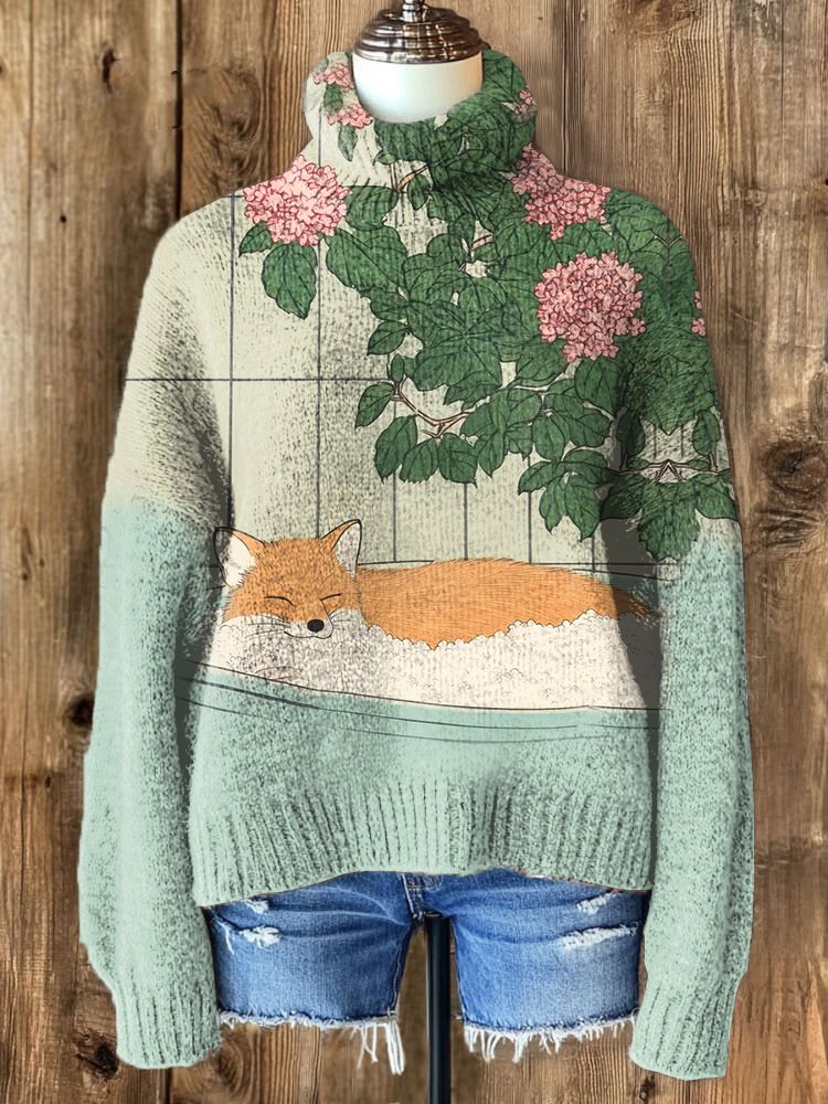 Women's Fox And Hydrangea Vine Print High Neck Knit Sweatshirt