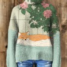 Women's Fox And Hydrangea Vine Print High Neck Knit Sweatshirt