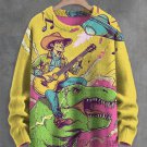 Men's Western Cowboy Dinosaur UFO Art Print Knit Sweatshirt