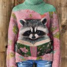 Women's Raccoon Reading Art Print High Neck Knit Sweatshirt