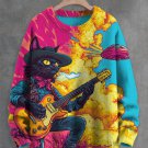 Men's Western Black Cat Plays Guitar Explodes UFO Art Print Knit Sweatshirt