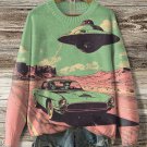 Women's Vintage Car Alien UFO Sci-Fi Art Print Knit Sweatshirt