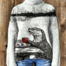 Women's Otter Sushi Coffee Woodcut Art Print High Neck Knit Sweatshirt