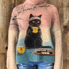 Women's Sakura Hairband Black Cat Sushi Tea Art Print High Neck Knit Sweatshirt