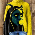 Women's Gothic Dark Nun Bubble Gum Print High Neck Knit Sweatshirt