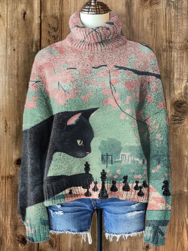 Women's Black Cat Sakura Chess Art Print High Neck Knit Sweatshirt