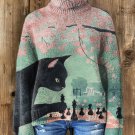 Women's Black Cat Sakura Chess Art Print High Neck Knit Sweatshirt