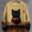 Men's Black Cat And Hot Tea Art Print Knit Sweatshirt