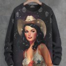 Men's Surreal Art Outer Space Cowgirl Print Knit Sweatshirt