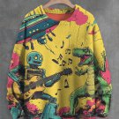 Men's Future Sci-Fi Art UFO Dinosaur Robot Guitar Player Print Knit Sweatshirt