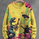 Men's Retro Dinosaur Robot Guitar Player Sci-Fi Art Print Knit Sweatshirt