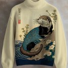 Women's Floral Otter Water Japanese Art Print High Neck Knit Sweatshirt