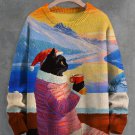 Men's Black Cat Drinking Coffee Snow Scene Art Print Knit Sweatshirt