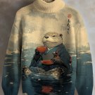 Men's River Kimono Otter Tasting Tea Japanese Art Print High Neck Knit Sweatshirt