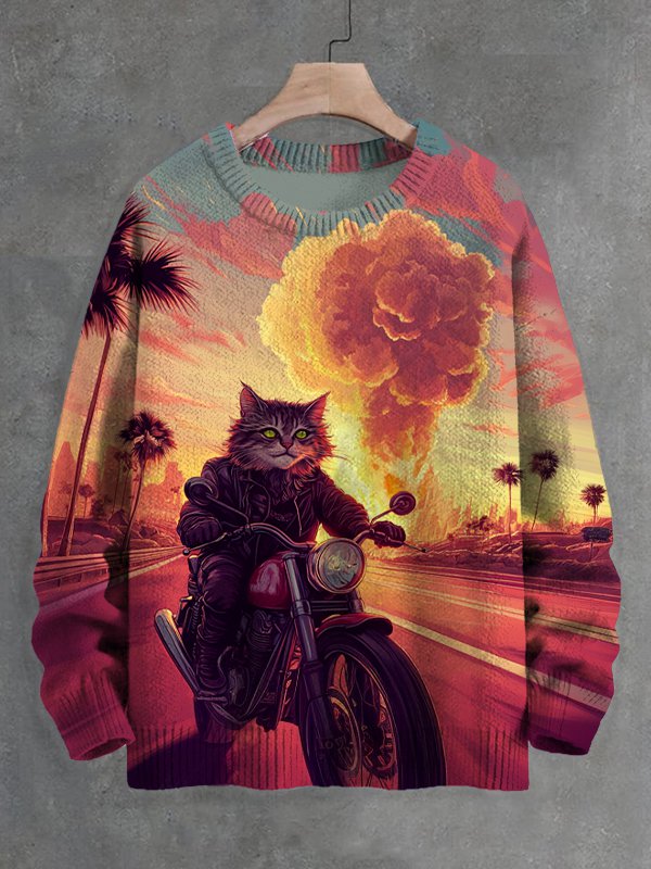 Men's Cool Black Cat Riding A Motorcycle Print Knit Sweatshirt