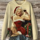 Women's Christmas Vintage Lady Drinks Red Wine Print Knit Sweatshirt