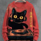 Men's Vintage Cat DJ Art Print Knit Sweatshirt
