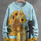 Men's Oil Painting Art Black Cat Sunflower Print Knit Sweatshirt
