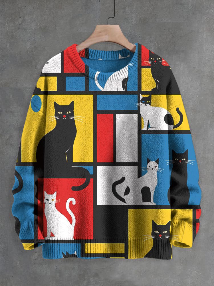 Men's Geometric Mondrian Cat Fun Art Print Knit Sweatshirt
