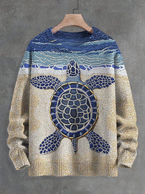 Men's Beach Turtle Cobblestone Art Print Knit Sweatshirt