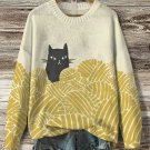 Women's Black Cat With Balls Of Yarn Print Knit Sweatshirt