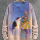 Men's Fantasy Christmas Tree And Cat Art Print Knit Sweatshirt