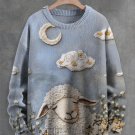 Men's Sheep Moon Flowers And White Clouds Embroidery Knit Sweatshirt