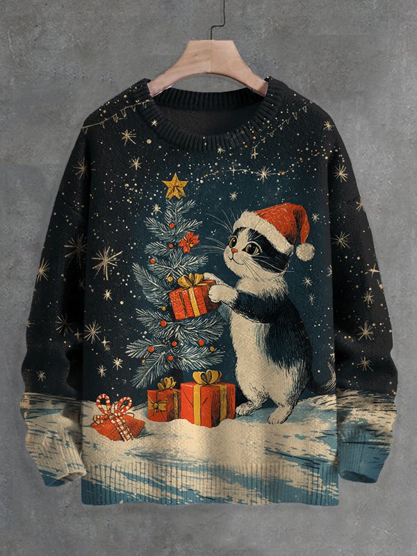 Men's Cute Cat Gets Presents Next To The Christmas Tree Print Knit Sweatshirt