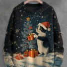 Men's Cute Cat Gets Presents Next To The Christmas Tree Print Knit Sweatshirt