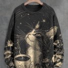Women's Cat Drinks Coffee Under The Stars Print Knit Sweatshirt