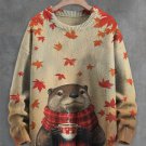 Men's Fallen Leaves Otter Hot Coffee Print Knit Sweatshirt
