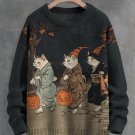 Men's Three Cats Trick-Or-Treating Japan Art Print Knit Sweatshirt