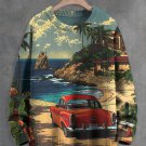 Men's Red Car Seaside Scenery Art Print Knit Sweatshirt